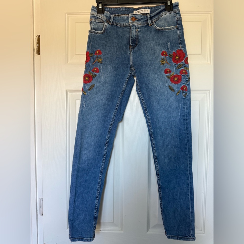 Zara Blue Jeans with Red Floral Embroidery